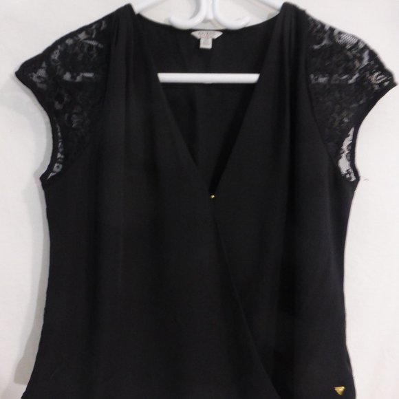 Guess Tops - GUESS, black v neck shirt with lace sleeves & back | size large | NWOT